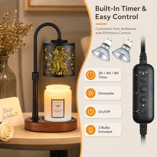 Dimmable Candle Warmer Lamp with Timer Adjustable Height for Scented Jar Candles Electric Candle Wax Melt Warmer for Home Decor Christmas Birthday Gifts for Women Mom(Mushrooms+Bees) - Image 5