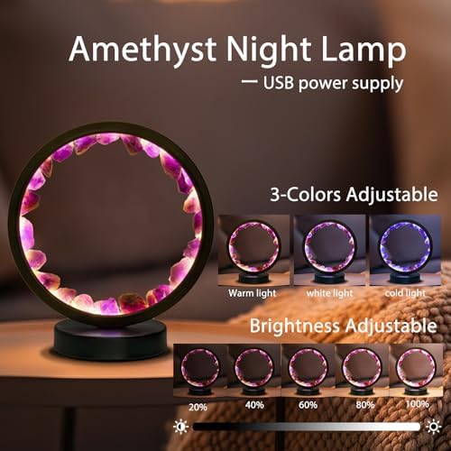 Runyansghi Amethyst Night Lamp 8.6'' Natural Healing Crystal Bedside USB Port 3 Colours Dimming Mode Bedroom Suitable Light for Living Room Office Home Decor Ideal Gift - Image 3
