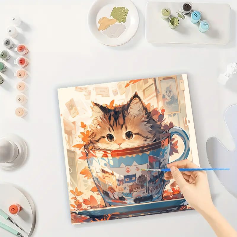 TAOPAOLAB Cute Animals Digital Painting Kit for Adults - DIY Kitten in Teacup Oil Painting on Canvas 7.87×7.87in, Framed Acrylic Paint Kit, Good for Beginners, Home Decor or Gift Artwork - Image 3