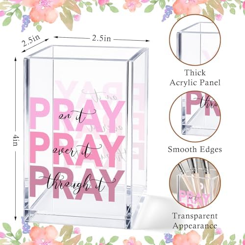 Christian Acrylic Pen Holder Cup, “Pray Over It Prays On It Pray Through It” Bible Verse Desk Decor, Pink Office Desk Organizer, Inspirational Gift for Women, Religious Desk Accessory - Image 3