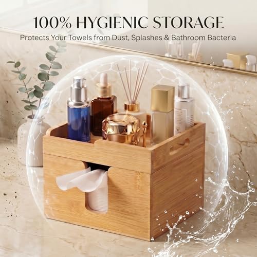 Bamboo Face Towel Holder, XL Facial Towel Organizer with Tray - Image 7
