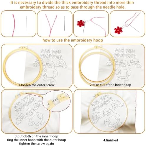 BEUNITONE 4 Pack Beginner Embroidery Kit for Adults, Funny Animal Pre-Stamped Pattern Needlepoint Kits with Hoop, Tools & Instruction, 7.9"x7.9" Hand Embroidery Kits for Fabric and Home Decor - Image 3