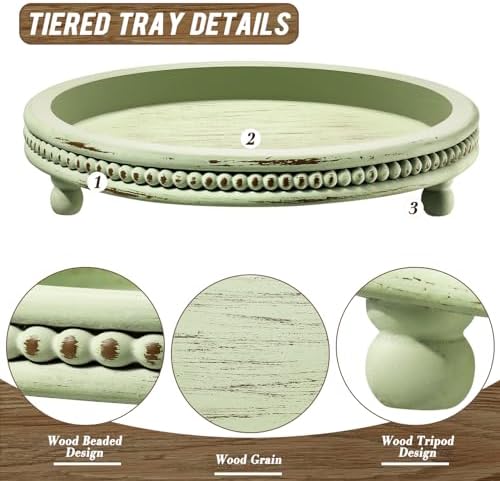 KULEDM Handmade Wooden Decorative Tray, Small Beaded Coffee Table Tray Decor, Sage Round Serving Tray for Coffee Table, Dining Room Table Entryway and Living Room Table - Image 4