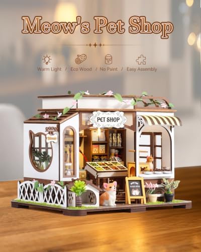 DIY Miniature House Kit, Pet Shop Book Nook Kit with LED Light, 3D Wooden Puzzle Bookshelf Decor Mini Model Building Kit, Birthday Gifts for Family & Friends - Image 3