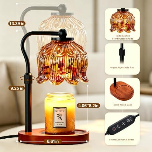 Briever Flower Candle Warmer Lamp, Adjustable Height Electric Candle Lamp with Timer & Dimmer, Wooden Base Wax Warmer, Christmas Birthday Housewarming Gifts for Women Mom, Walnut-Tortoiseshell - Image 2