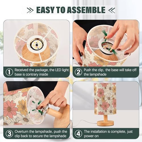 Fustylead Hand Drawn Vintage Groovy Daisy Flowers Bedside Table Lamps with USB Port for Bedroom Lamp Table Lamp Small Nightstand Lamp Sturdy Linen Shade Decorative Lamps for Kids Room Home Reading - Image 6