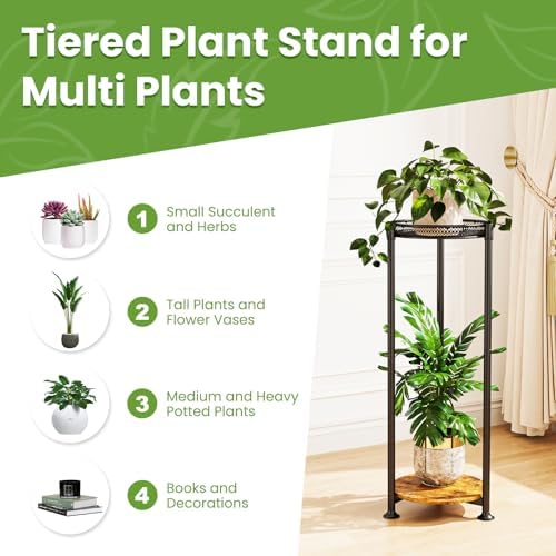 2 Tier Plant Stand Indoor Outdoor 10in Wide Metal Wood Plant Stand - Image 6