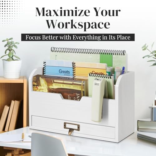 Flexzion Wood Desk Organizer, 3-Tier Mail Organizer with Drawer, Beige Wood - Image 2