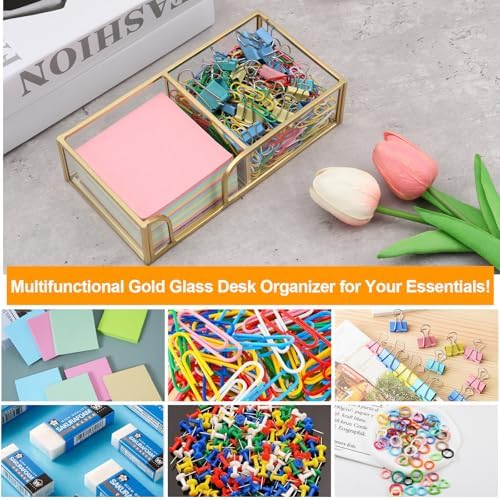 Glass Sticky Note Holder,2 Slots Gold Post It Note Dispenser for Desk,3 x 3 Inch Post It Note Holder, Stylish Sticky Note Dispenser for Home Office Desk Table Drawer - Image 7