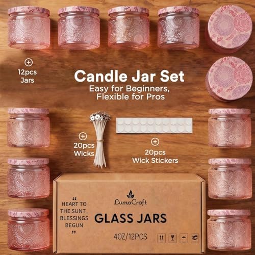 LumaCraft Luxury Embossed Glass Candle Jars for Making Candles - 12 Pack Empty Candle Containers with Airtight Metal Lids, 20 Wicks & 20 Stickers, Colored Glass Jars for Gifts & Decor-4oz - Image 2