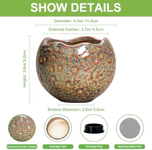 Ceramic Pots for Plants - 4 Inch Plant Pots with Drainage Hole and Plug, Small Succulent Pot for Indoor Plants Outdoor, Modern Flower Pot, Office Decor, Housewarming Gifts, Speckled-Brown - Image 2