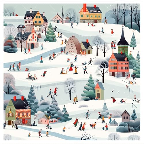 Winter Village Digital Painting Kit for Adults - DIY Holiday Snow Scene with Houses and People Oil Painting on Canvas 7.87x7.87in,Framed Acrylic Paint Kit,Good for Beginners,Festive Home Decor by Unknown