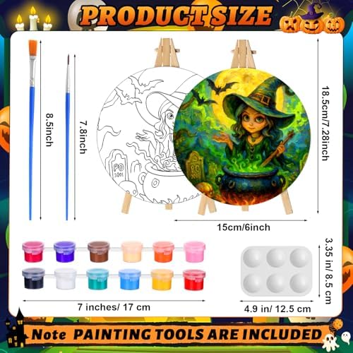 Supervitae 72 Piece Halloween Round Pre Drawn Canvas Kit 5.9" Paint and Sip Kit for Adults Painting Party Pre Printed Canvas DIY with Pictures Paints Easels Brushes for Party Gifts - Image 2