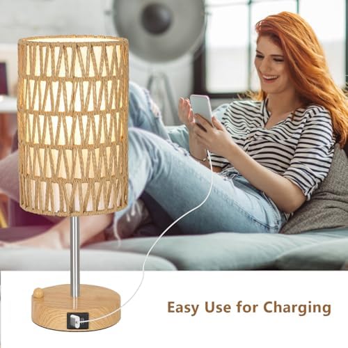 Boho Table Lamp for Bedroom with Bulb, Small Touch Control Table Lamp for Living Room with Rattan & Linen Shade, 3 Way Dimmable Bedside Lamp for Nightstand with USB Charging Port & Phone Stand - Image 6