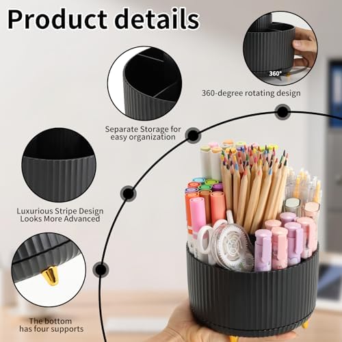 Camelmother 360°Rotating Pen&Pencil Holder For Desk With 5Slots Cute Office - Image 4