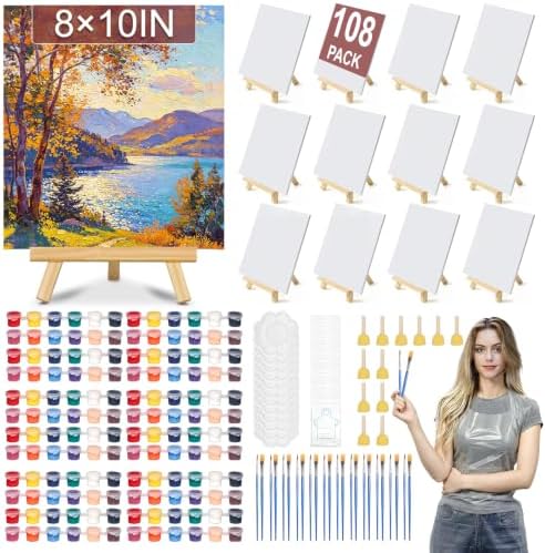 108 Pack 8"x10" Canvas and Easel Set,Art Supplies Bulk by ACOTANT
