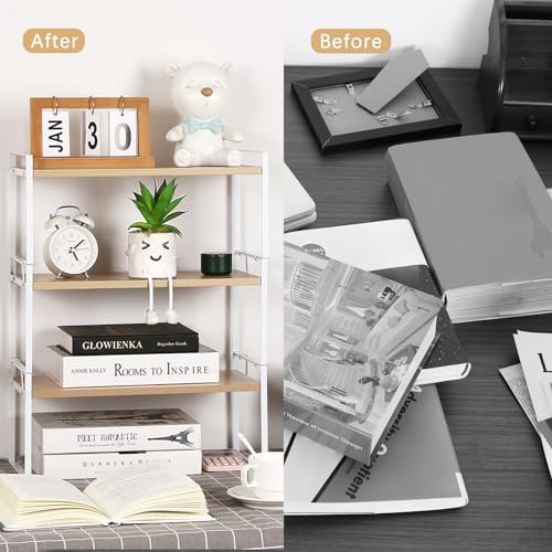 YGYQZ Desk Shelf Organizer for Top of Desk, 3-Tier Desktop Bookshelf, White & Wood - Image 6