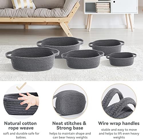 VOOWO Set of 5 Rectangular Cotton Rope Baskets for Storage, Organizing, Decorating, Dark Gray - Image 3