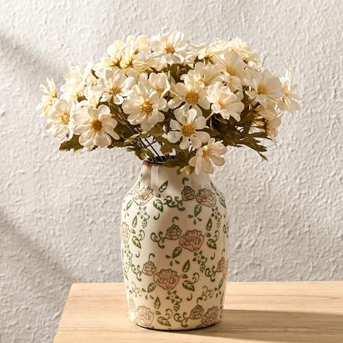 SIDUCAL Ceramic Vintage Vase, 7 Inch Retro Ice Cracked Chinoiserie Floral Vase, Rustic Farmhouse Vases for Home Decor, Bookshelf, Office, Garden, Chinoiserie Decor, Tuscan Decor, Red Rose Pattern by SIDUCAL