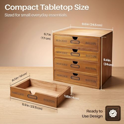 Flexzion Wooden Storage Box with 4 Drawers, Vintage Desktop Organizer - Image 2