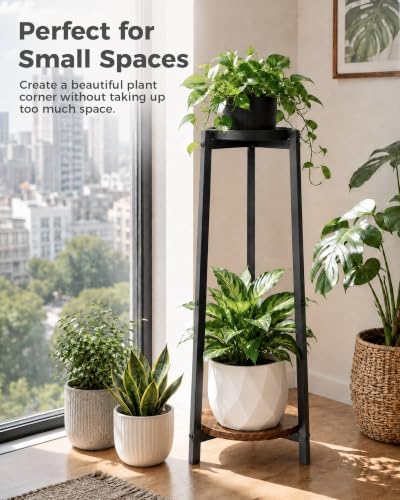 Bamworld Tall Plant Stand 30 Inch 2 Tier Metal Plant Stand with Wood Shelf - Image 7