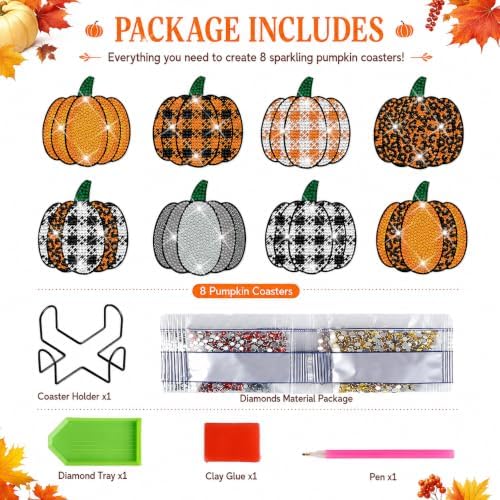 Demonwer 8 Pieces Fall Plaid Pumpkin Diamond Coasters with Holder DIY Cute Autumn Pumpkin Diamond Art Coasters 5d Diamond Coasters Round Cup Coaster for Fall Autumn Holiday Gift - Image 2