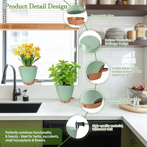 6 Inch Small Plant Pots for Indoor Outdoor Plants, 5-Pack, Self Watering - Image 6