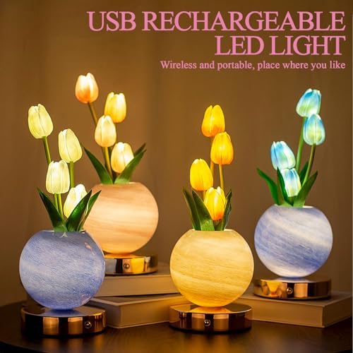 Tulip Table Lamp, Rechargeable Cordless Touch Dimming Artificial Tulip Flower Desk Lamp, LED Flower Bedside Night Light Romantic Gifts for Girl Women Mom (Pink) - Image 4