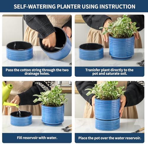 HASENSE Ceramic Self Watering Pots for Indoor Plant, 6 Inch Planter with Drainage Hole & Water Storage Saucer for Indoor & Outdoor Plants, Reactive Glaze Blue - Image 3