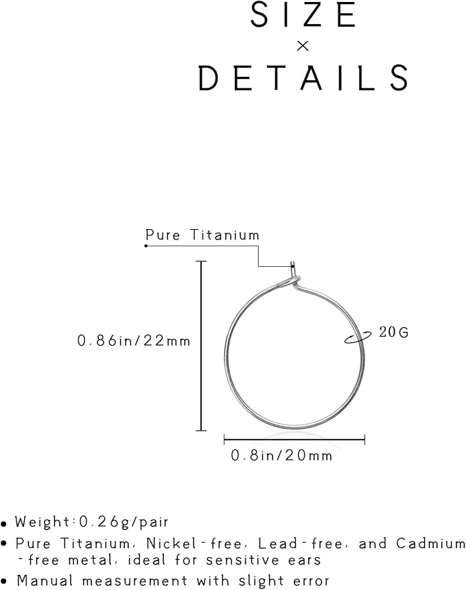 6pcs 20G Pure Titanium Earring Hoops DIY Beaded Earrings Findings Components for Jewelry Making 20mm, Hypoallergenic Beading Hoop Earring Making Kit for Women Men Sensitive Ears