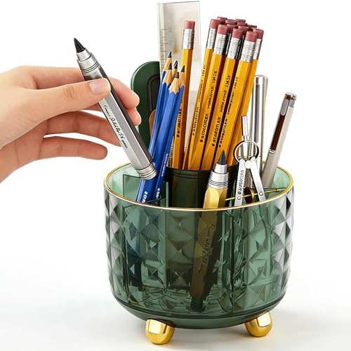 GOTOBA Dark Green Pen Pencil Holder for Desk, 360° Rotating Pen Organizer, Green Office Supplies, Cute Pen Holder, 6-Compartment Pencil Holder Rotating by GOTOBA