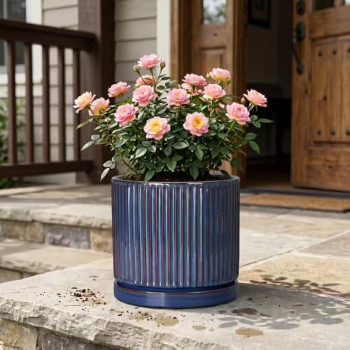 Ceramic Planter, 10 Inch Plant Pots with Saucer, Retro Blue - Image 7