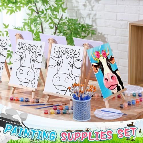 Motipuns 6 Set Pre Drawn Canvas for Painting for Adults Sip and Paint Kit with Easels 8 x 10 Inches Paint Party Kit with Printed Canvas Paints Brushes Palette Apron(Cow) - Image 3