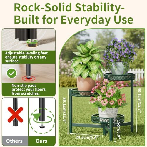 Plant Stand Indoor Outdoor, 3 Tier Corner Metal Flower Display Holder Shelf, Folding Tall Plant Rack for House Patio Balcony Porch Garden Living Room, Heavy Duty Anti-Rust Wrought Iron - GreenFlower - Image 3