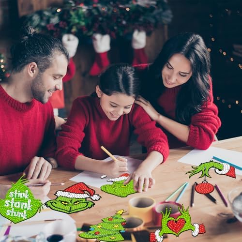 8 Pcs Christmas Diamond Art Painting Coasters Kits DIY Cartoon Diamond Art Painting Coaster Xmas Green Coasters with Holder Diamond Craft Painting Kits Supplies for Holiday Gift - Image 4