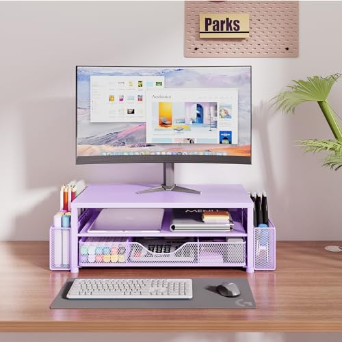 OPNICE Desk Organizer and Accessories, 2-Tier Computer Monitor Stand Riser with Drawer and 2 Pen Holders, Laptop Stand, Office Desk Accessories for Office Supplies, Purple - Image 2