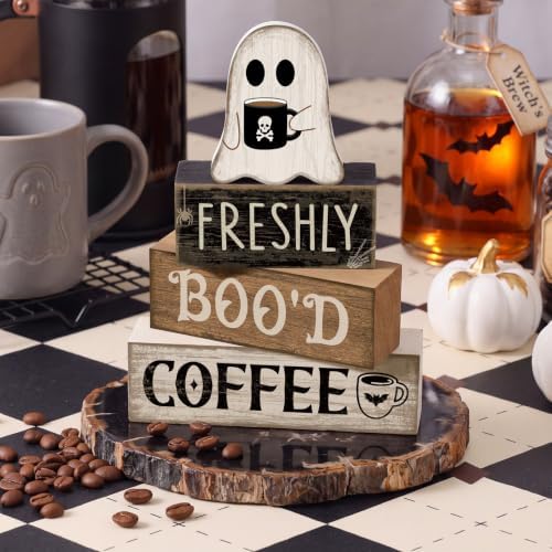 Moucuny 4 Pcs Halloween Coffee Table Decorations Ghost Stacked Wooden Decor - Image 2