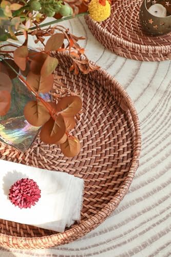 HITOMEN 14.2" Hand-Woven Round Rattan Serving Tray Decorative Ottoman Wicker Platter with Handles for Coffee Table, Breakfast, Drinks, Snack, Bread, Fruit, Vegetables (Honey Brown-L) - Image 3
