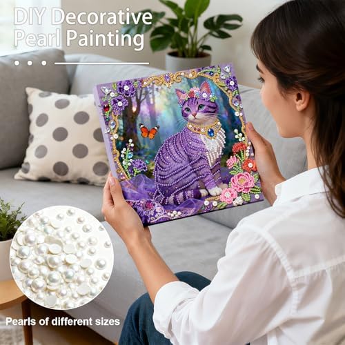 LQCrafK DIY 3D Pearl Art Painting Handcraft Kit for Adults Beginners, Home Wall Decoration, Creative Design Framed Painting with Tools-Purple Cat - Image 3