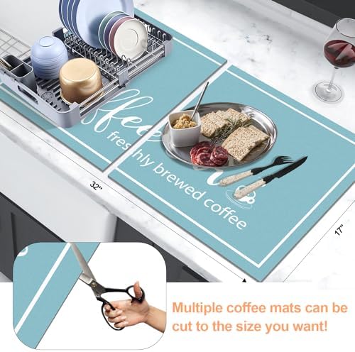 Findosom Dish Drying Mat, 17"x 32" Super Absorbent & Hide Stain Coffee Mat, Cuttable Drying Mat for Kitchen Counter, Coffee Bar Accessories, Under Dish Rack, Coffee Maker, Espresso Machine, Blue - Image 2