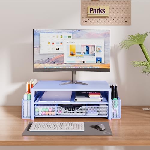 OPNICE Desk Organizers and Accessories, Computer Monitor Stand Riser with Drawer and 2 Pen Holders, Printer & Laptop Stand, Office Desk Accessories & Workspace Organizers for Home Office Supplies, Blue - Image 2