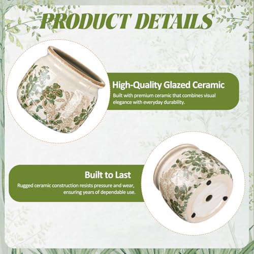 Vintage Planter Large Ceramic Plants Pot Beige Green Leaves Pot - Image 3