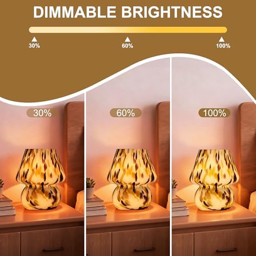 Mushroom Lamp with LED Bulb, Small Glass Bedside Lamp, Brown&White - Image 3