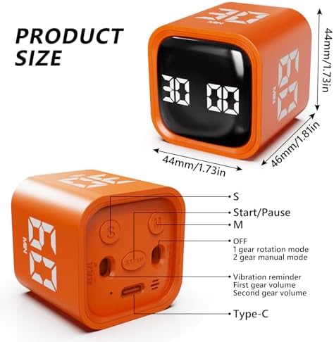 GuDoQi Multi-Function Cube Timer, 5/10/30/60 Min & Custom Count Down, Included Pause & Resume Feature, Silent, Vibrate & Adjustable Sound Alarm for Productivity in Tasks, Study & Kitchen, Orange - Image 2
