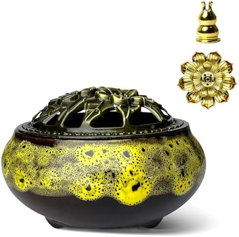 Ceramic Incense Burner, Bowl Burner,Cone Incense Burner with Brass lid for use with Stick or Cone-Shaped Incense，Lotus Incense Stick Holder Calabash Incense Stick Holder, 3pc (Fambe Yellow) by X%26Y+Life