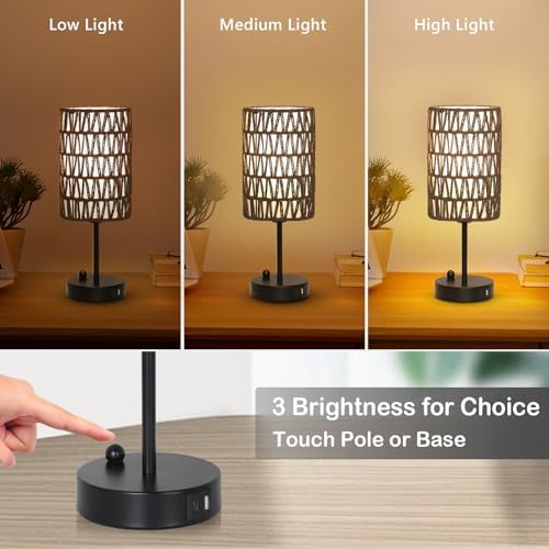 Gray Bedside Lamps Set of 2, Touch Control Night Stand Lamp for Bedroom with Rattan & Linen Shade & Bulbs, 3 Way Dimmable Small Boho Table Lamps with USB Charging Port & Phone Stand - Image 4