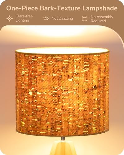 EDISHINE Small Table Lamp, Wood Tripod Nightstand Lamp, Bark Linen Shade - Image 3
