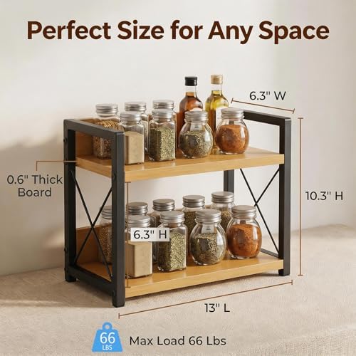 2-Tier Countertop Organizer, Iron-Wood Coffee Station Shelf, Heavy Duty Kitchen Counter Spice Rack for Coffee Bar, Pantry, Bathroom Storage (Bamboo) - Image 2