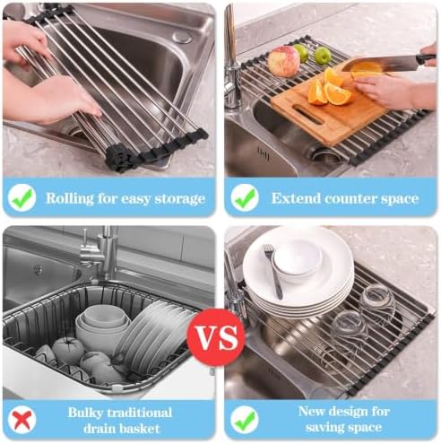 Roll Up Dish Drying Rack Over the Sink Stainless Steel Kitchen Dish Drainer - Image 6