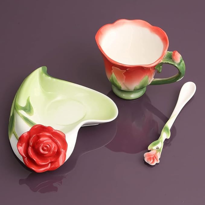 ONEUSTAR Tea Cup and Saucer Set for 1 Ceramic Handicraft Rose Flower Shaped Coffee Cup with Spoon 6 Oz Teacup for Women Valentine's Day Christmas Gift